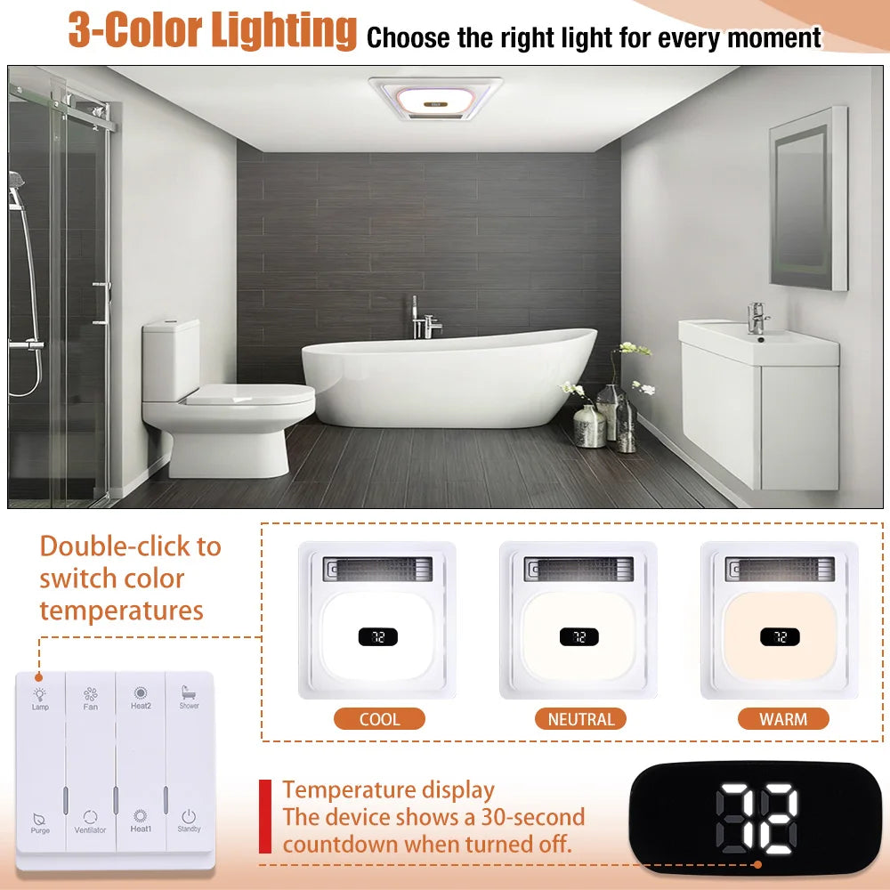 4-In-1 Bathroom Fan With Heater, Vent, Bluetooth Speaker