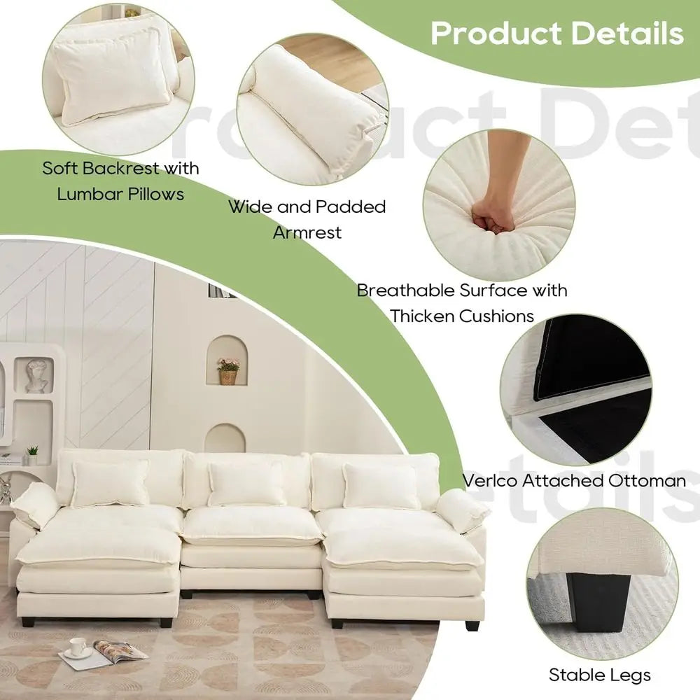 Chaise Sectional Sofa With Ottoman Plush Chenille Sleeper Couch
