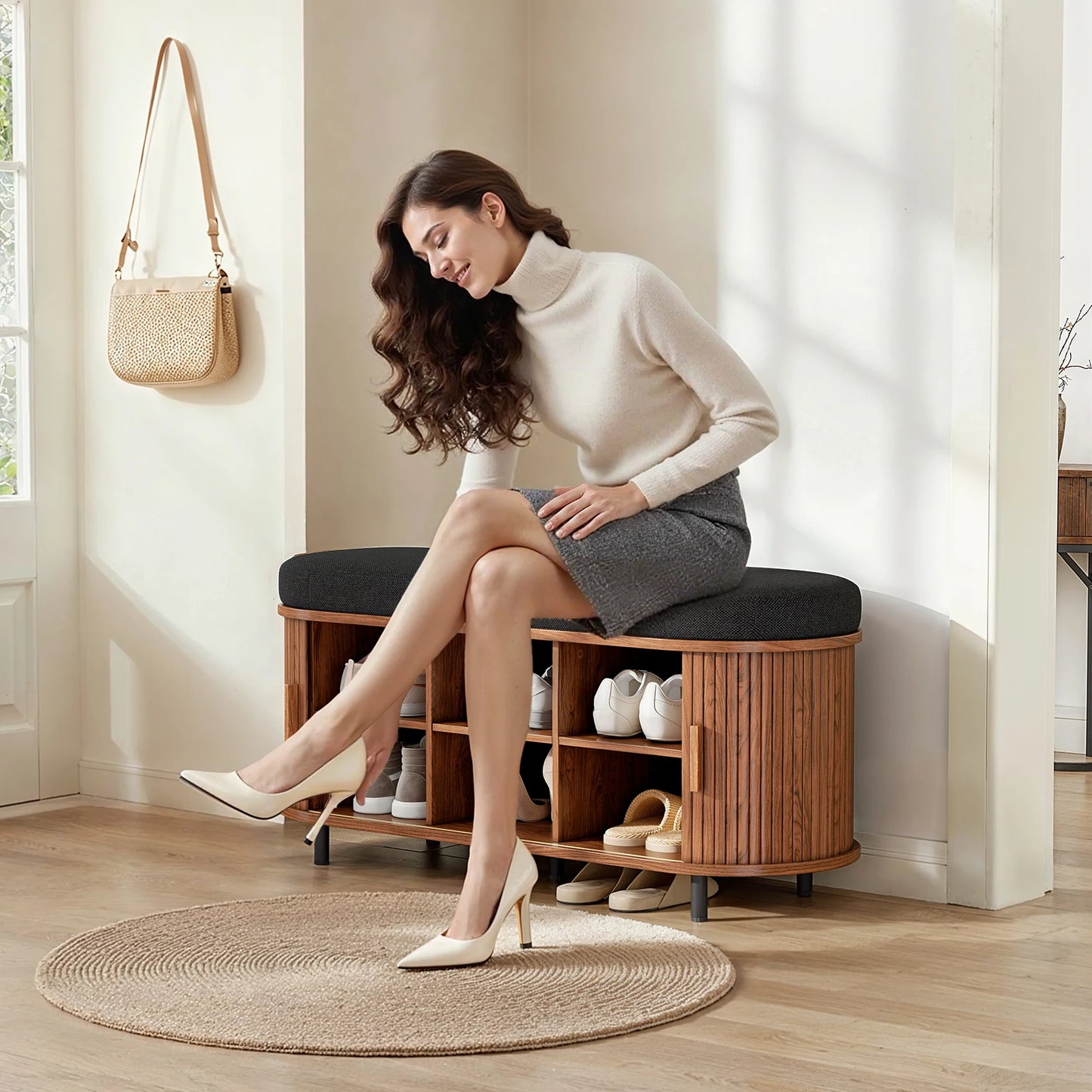 Shoe Storage Bench 3-Tier Organizer With Cushion And Sliding Door