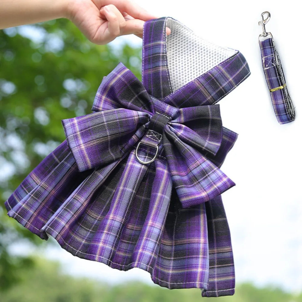 Plaid JK Style Dog Dress With Leash Harness And Bow