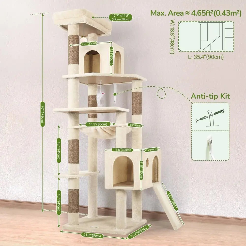 Sturdy Cat Tower With Scratching Post, Hammock And Condo
