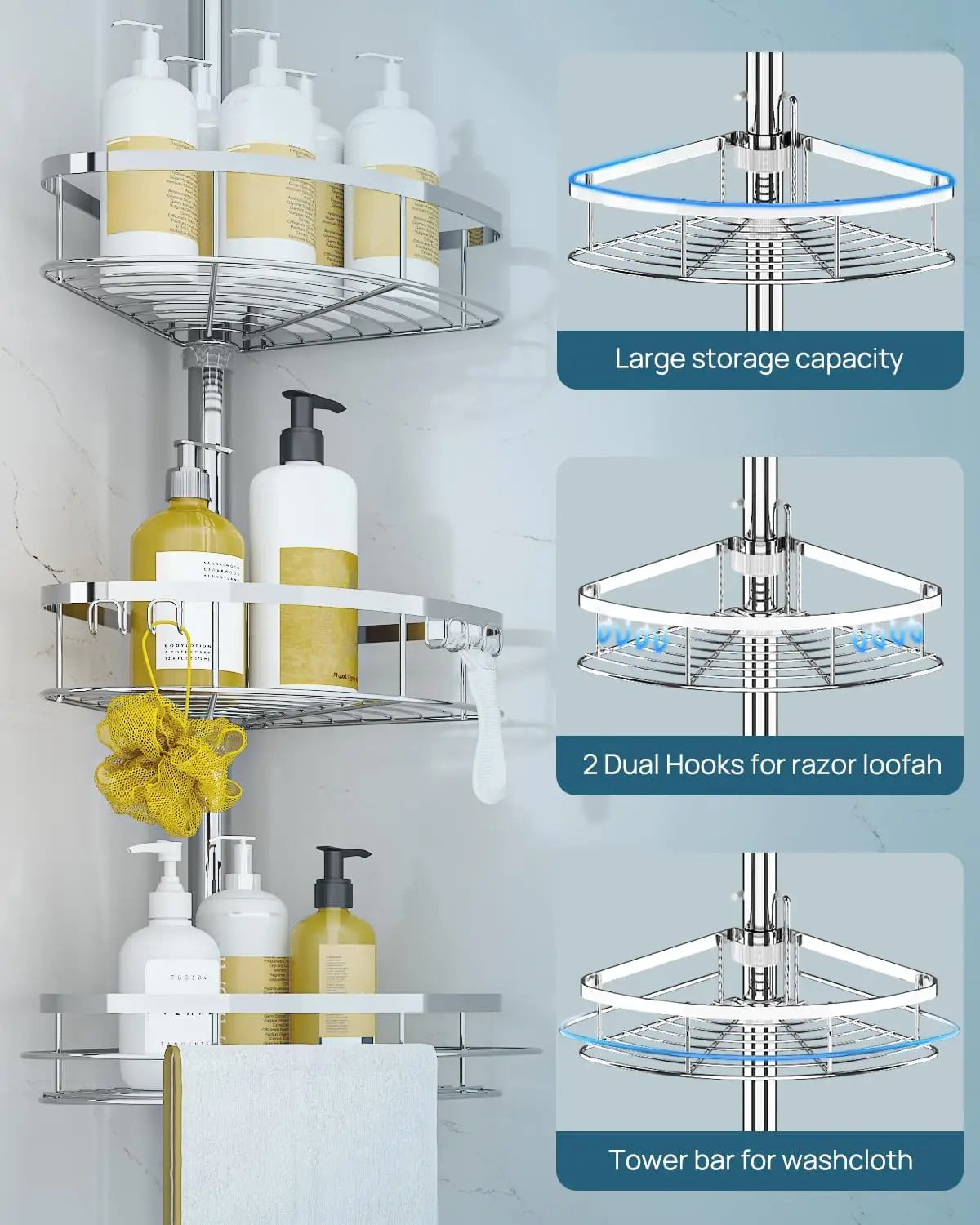 Adjustable Shower Corner Caddy With 4 Shelves And Tension Pole
