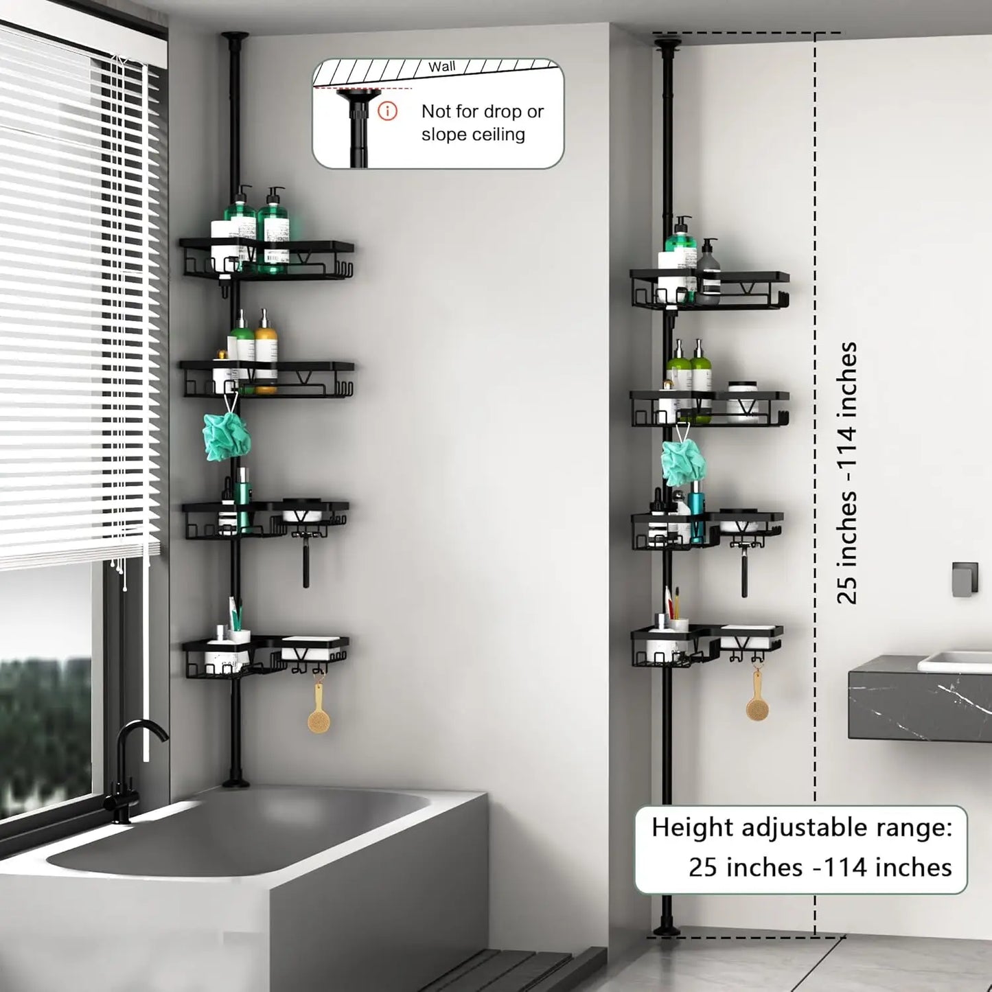 Stainless Steel 4 Tier Adjustable Shower Caddy Tension Pole