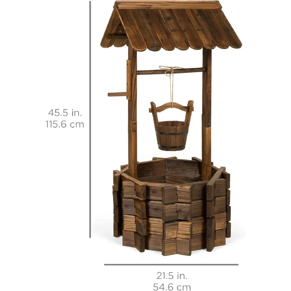 Rustic Wooden Wishing Well Planter for Patio and Garden
