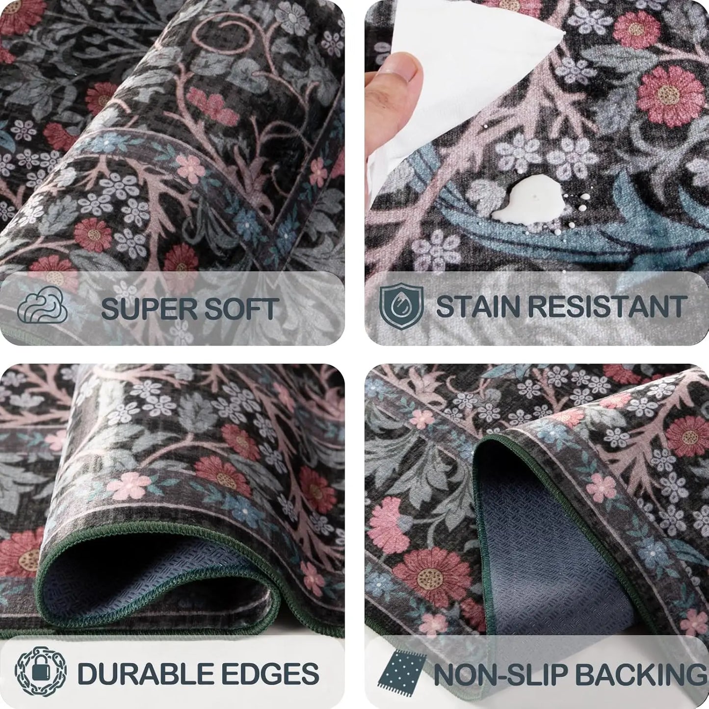 Washable Vintage Floral Rug Non Slip Stain Resistant Cotton