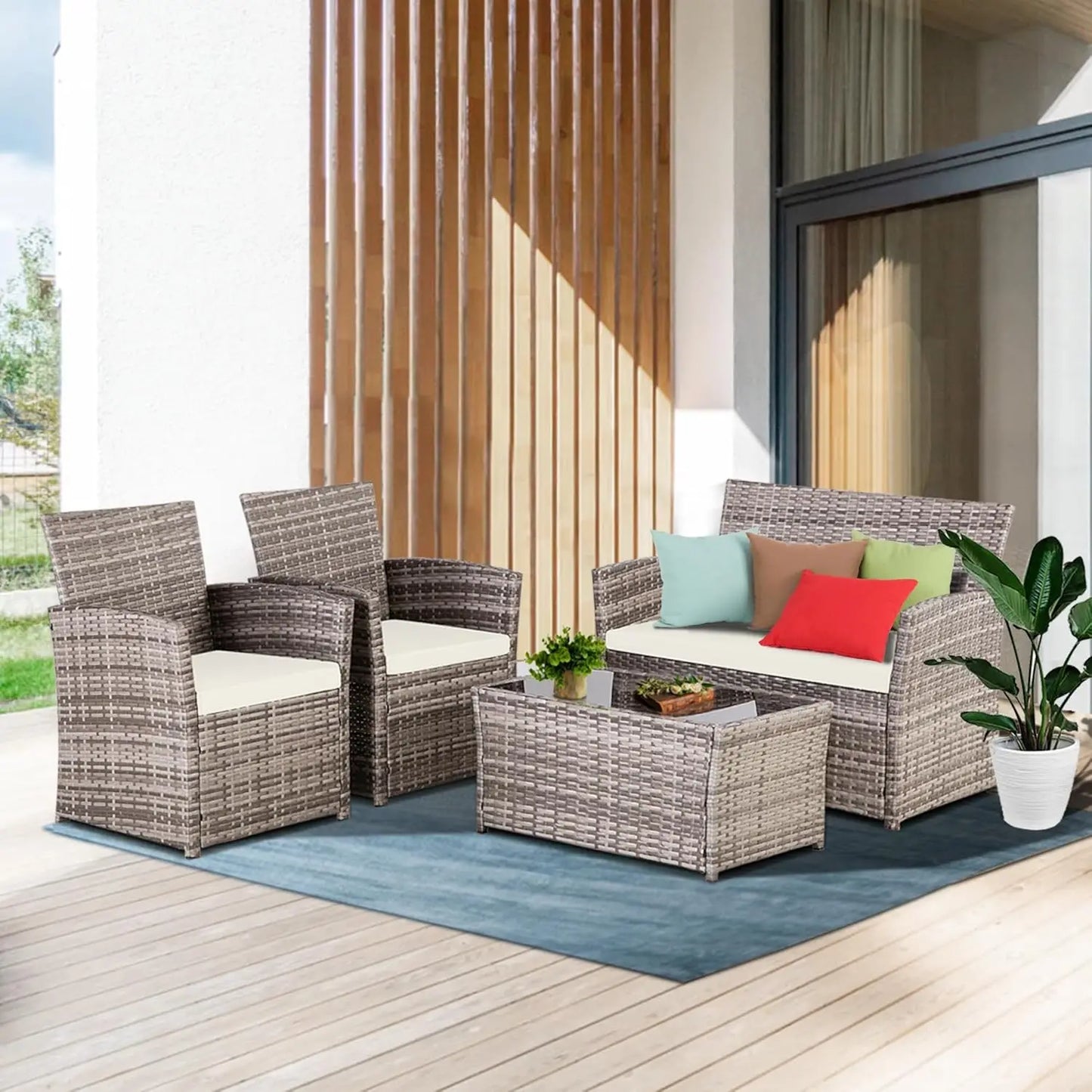 Outdoor 4 Piece Wicker Patio Furniture Set with Table