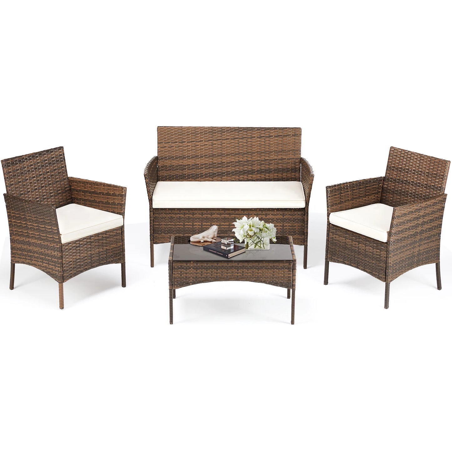 JHK Outdoor Wicker Rattan Patio Furniture Set With Glass Table