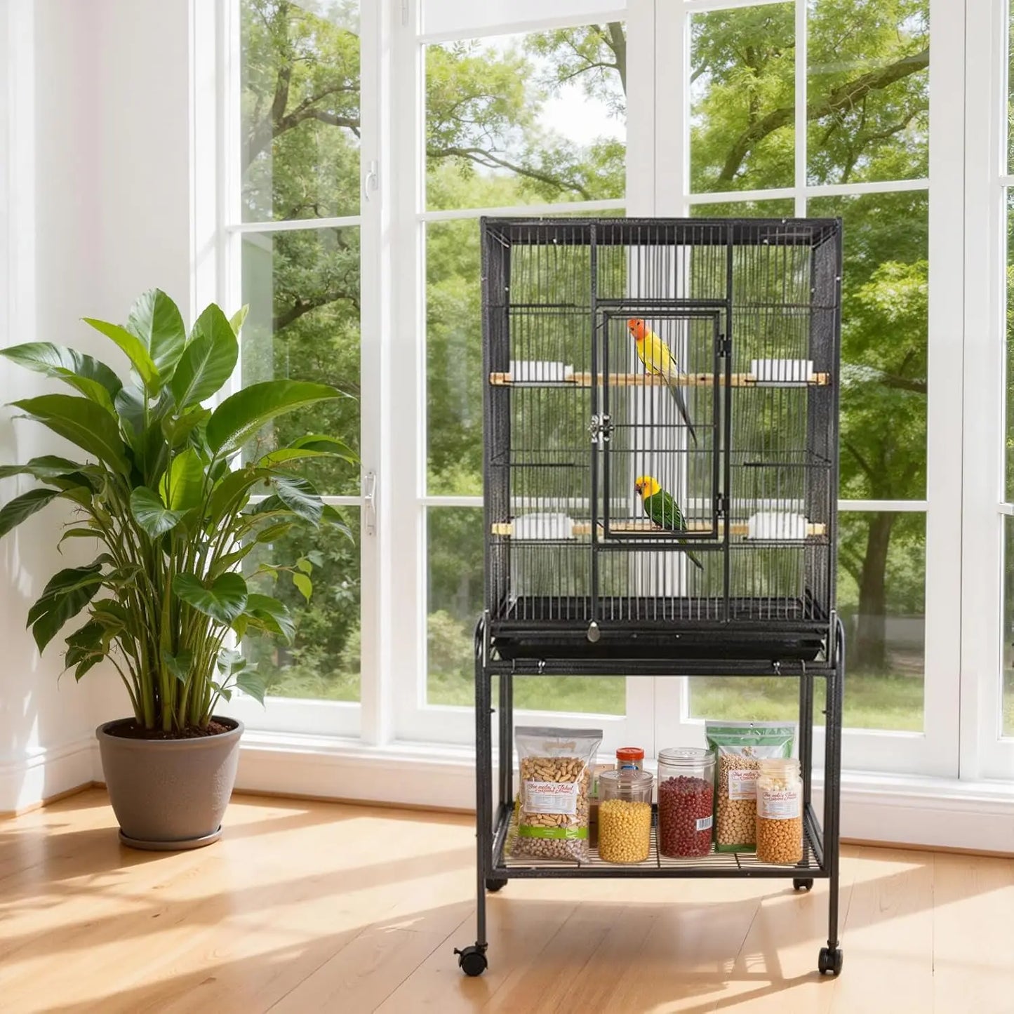 HiMISSCN Wrought Iron Bird Flight Cage With Rolling Stand