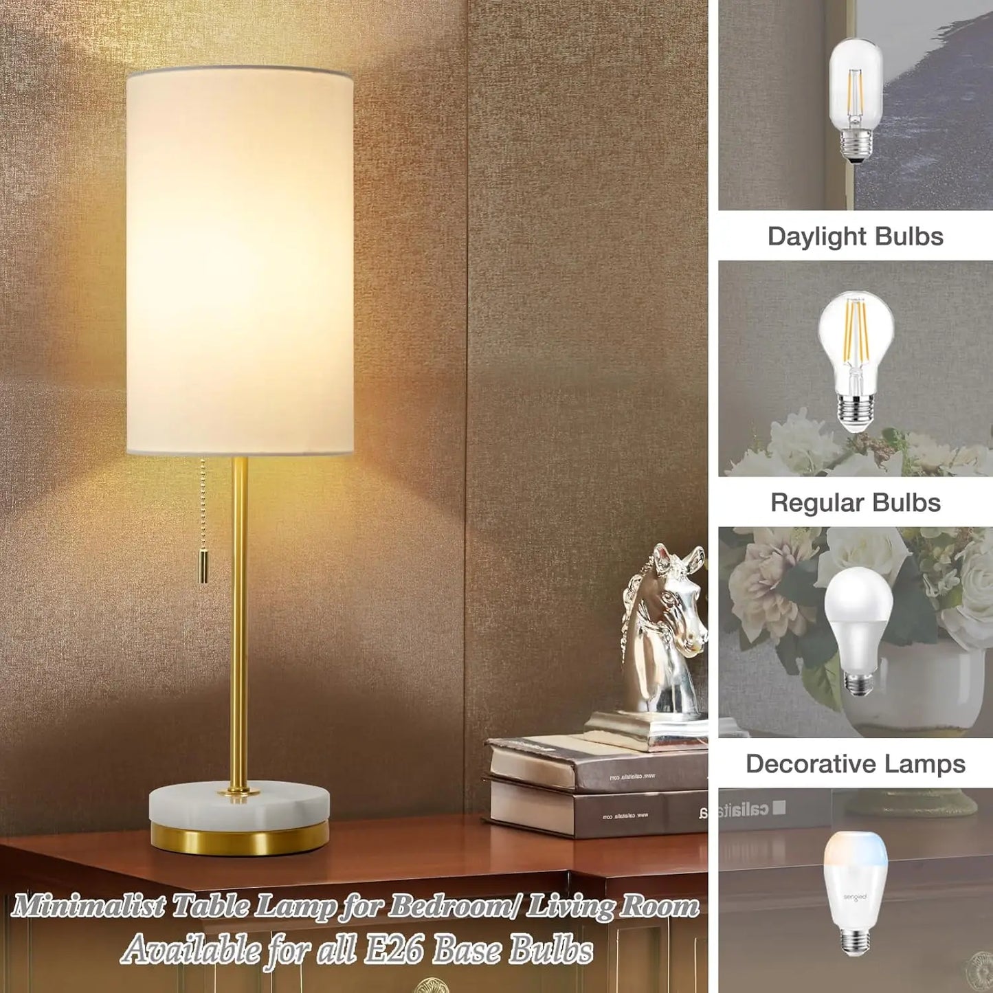 Modern Marble Base Table Lamp Set Of 2 With Fabric Shade And Pull Chain