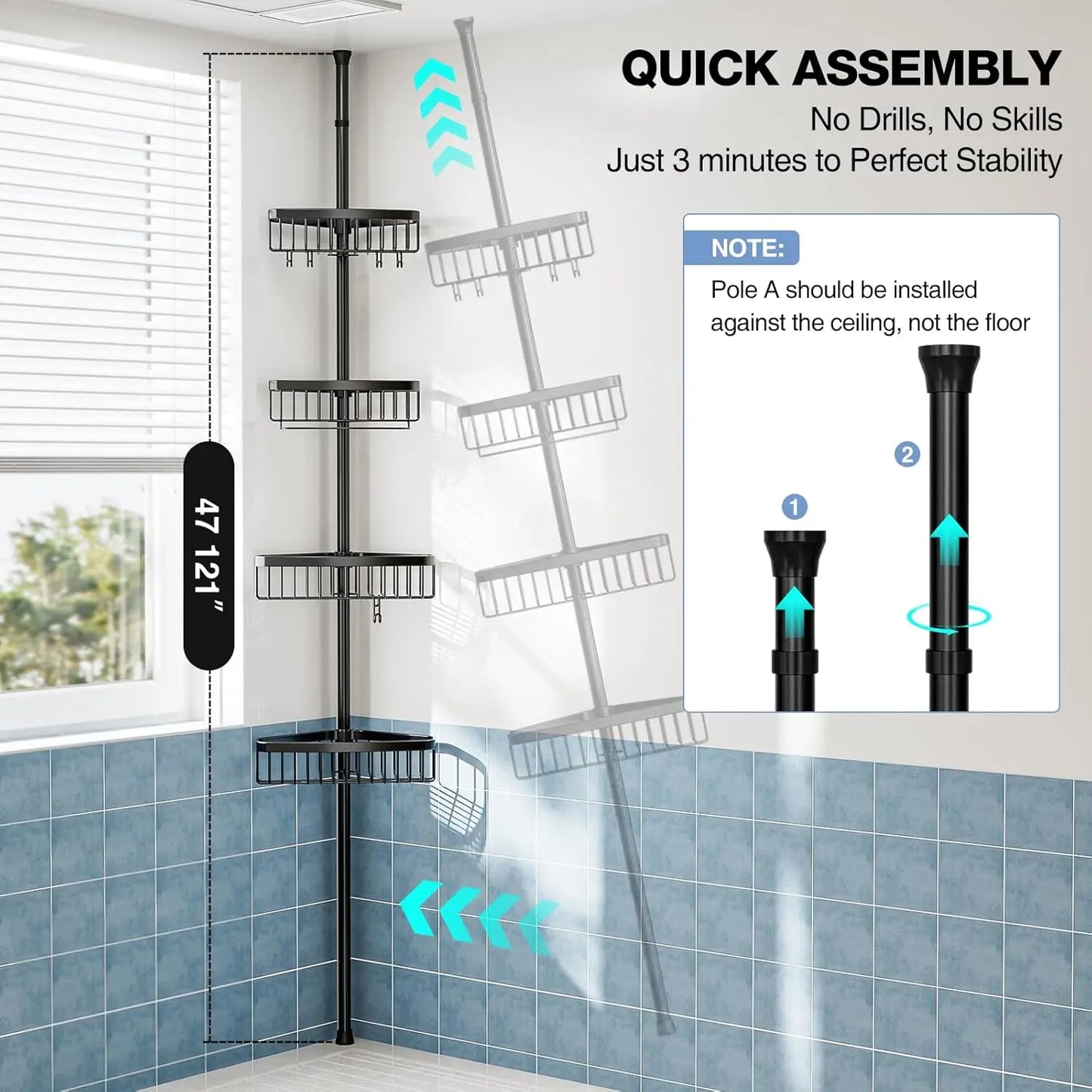 Adjustable 4 Tier Corner Shower Caddy Tension Pole Rustproof Organizer