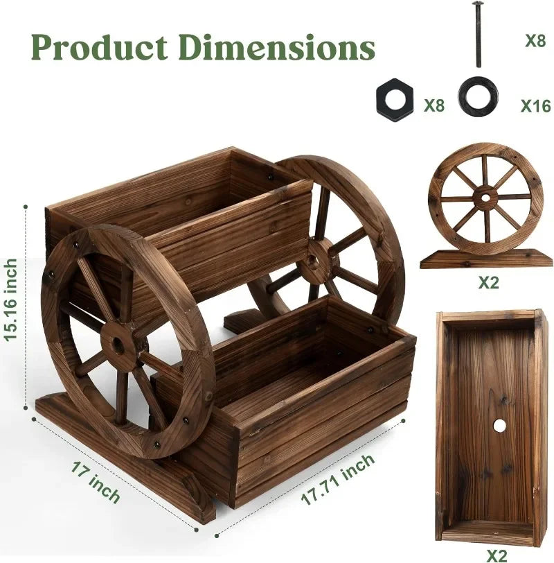 Wooden Wagon Planter Box With Wheels For Indoor Outdoor Decor
