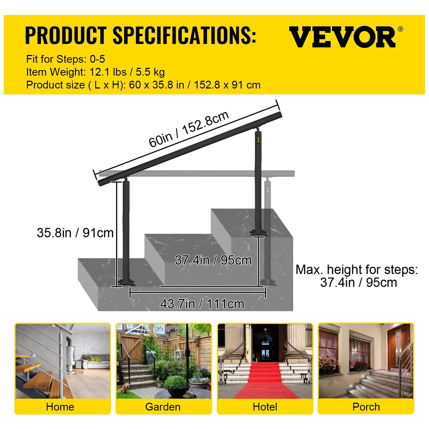 SucceBuy Aluminum Outdoor Stair Handrail Kit For 0-5 Steps