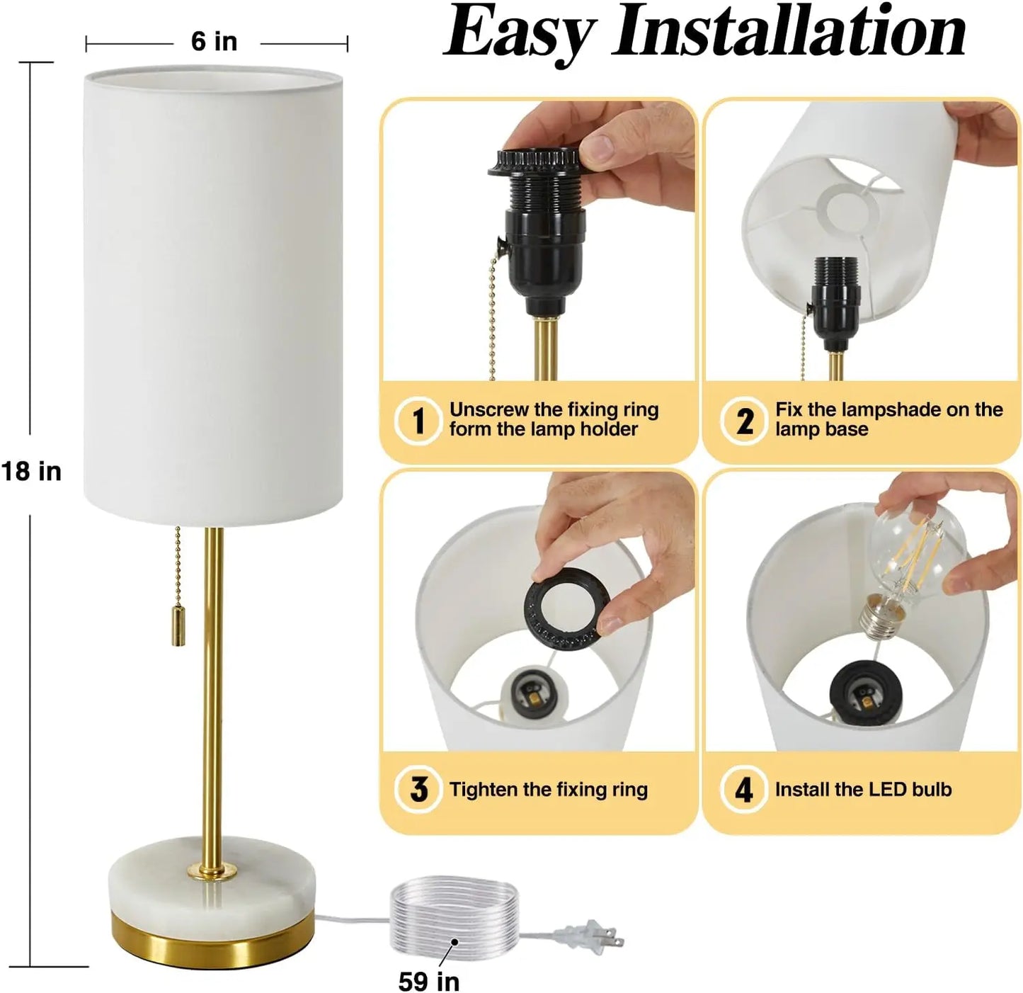 Modern Marble Base Table Lamp Set Of 2 With Fabric Shade And Pull Chain