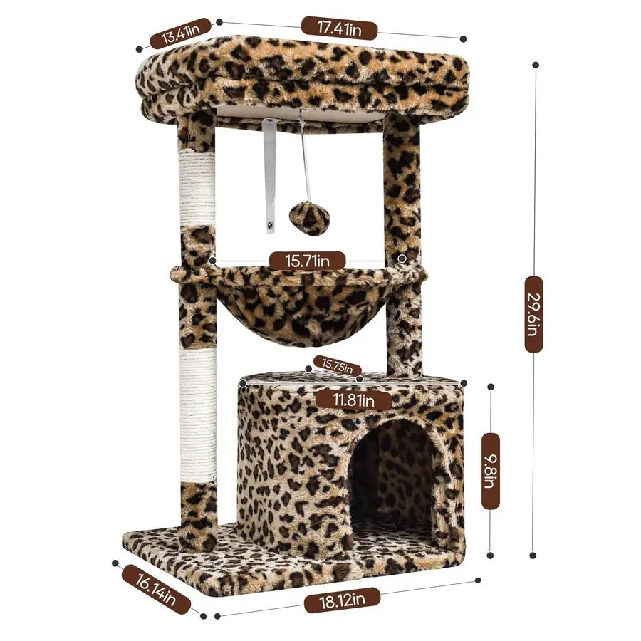 Leopard Print Cat Tree With Scratching Post For Indoor Cats