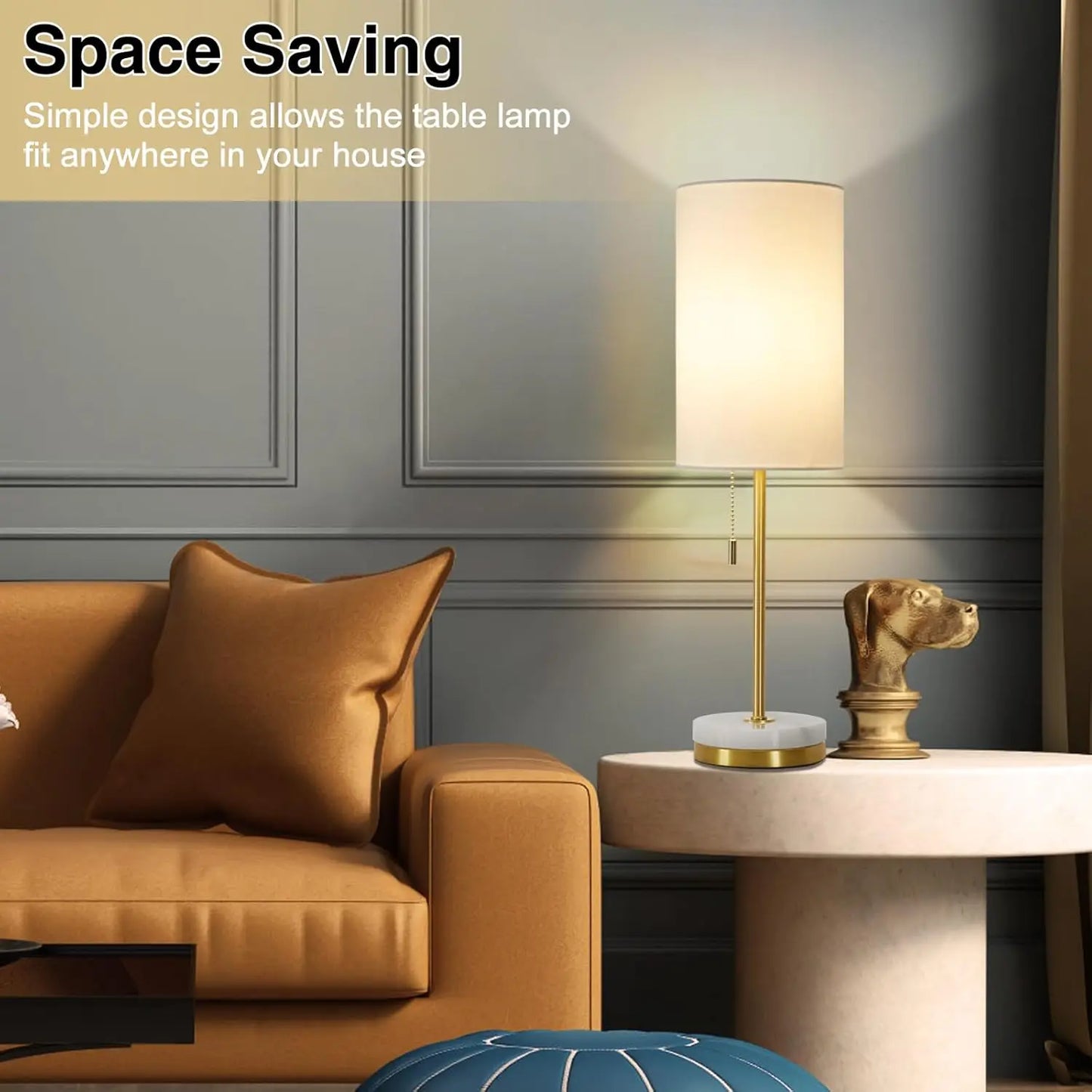 Modern Marble Base Table Lamp Set Of 2 With Fabric Shade And Pull Chain