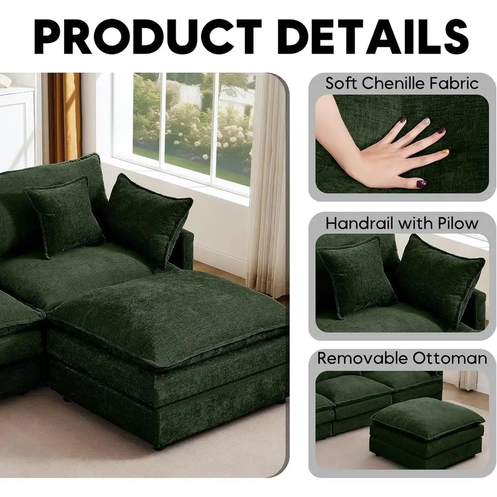 L Shaped Sectional Sofa Chenille Upholstery Ottoman