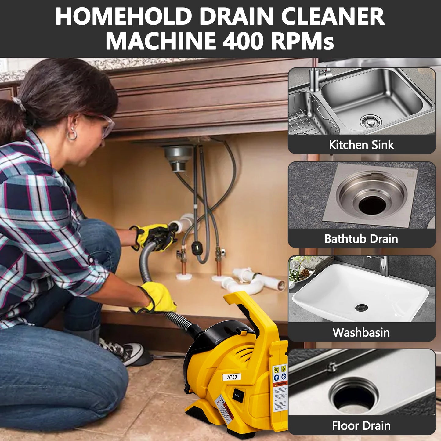 HiMISS Auto Feed Drain Cleaner Auger With Foot Switch
