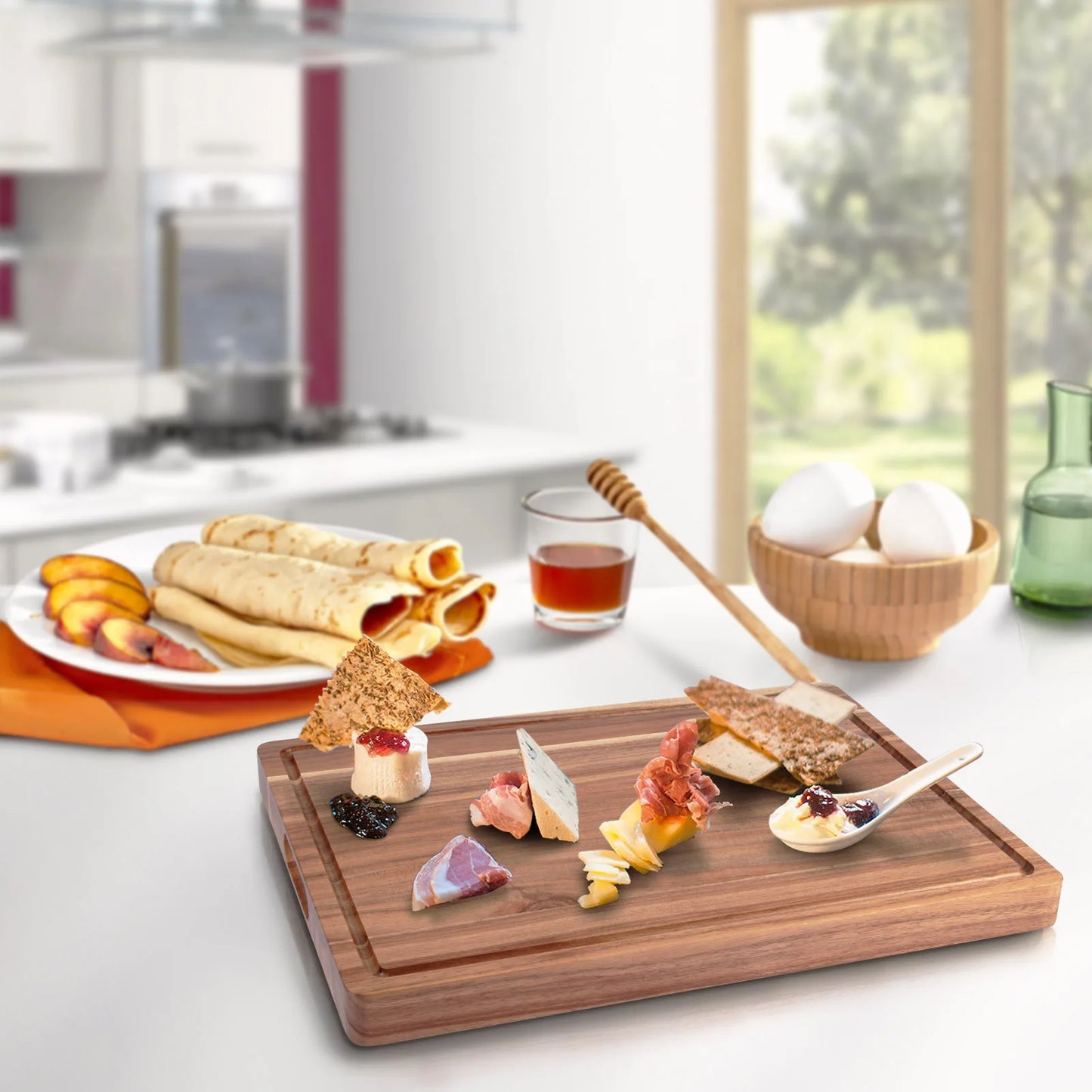 Acacia Wood Cutting Board Reversible Butcher Block For Kitchen And Cheese