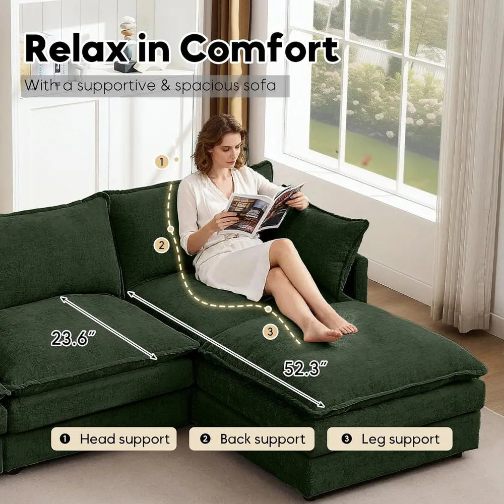 L Shaped Sectional Sofa Chenille Upholstery Ottoman
