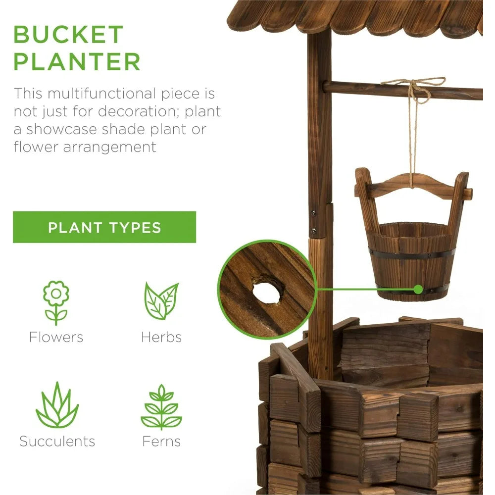 Rustic Wooden Wishing Well Planter for Patio and Garden