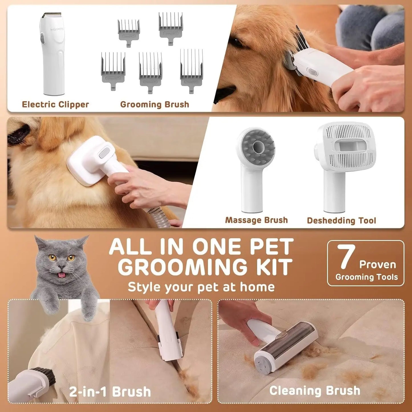 Pet Grooming Vacuum Kit With Seven Tools And Low Noise