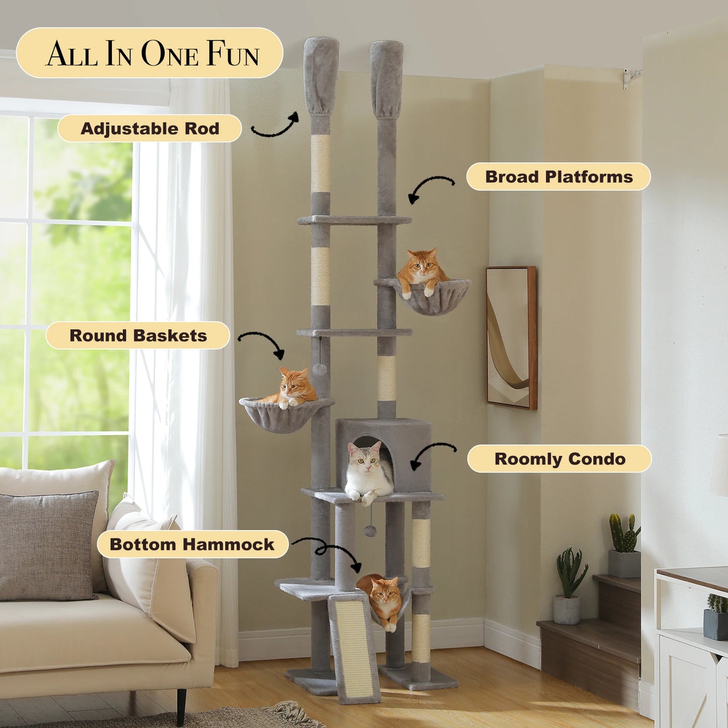 PAWZ Road Cactus Floor-To-Ceiling Cat Tree 7 Tiers