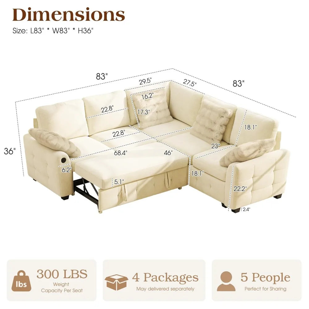XIAOLANG L Shaped Sectional Sofa Bed With Storage And USB Ports