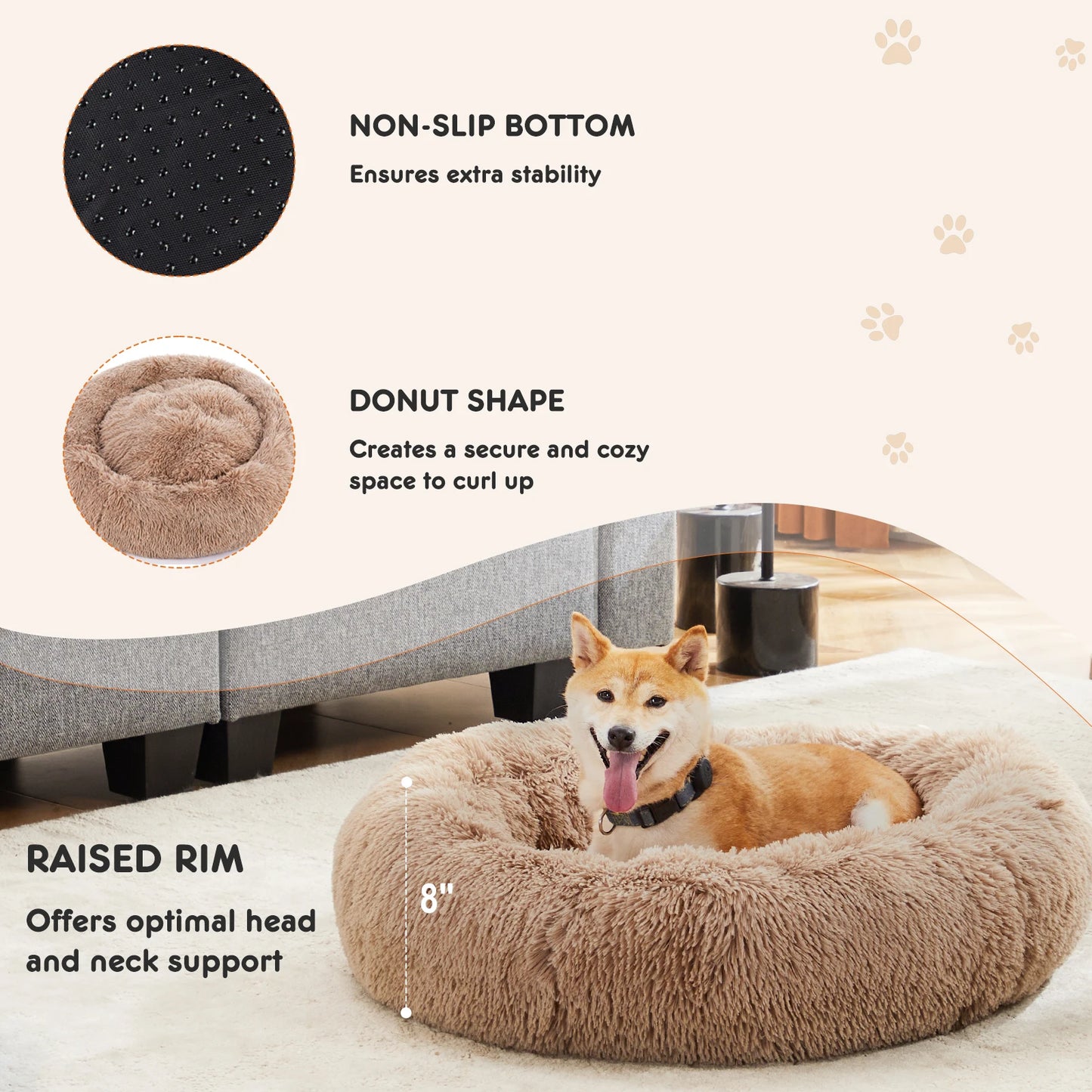 JHK Calming Round Plush Dog Bed Anti-Slip Washable Faux Fur