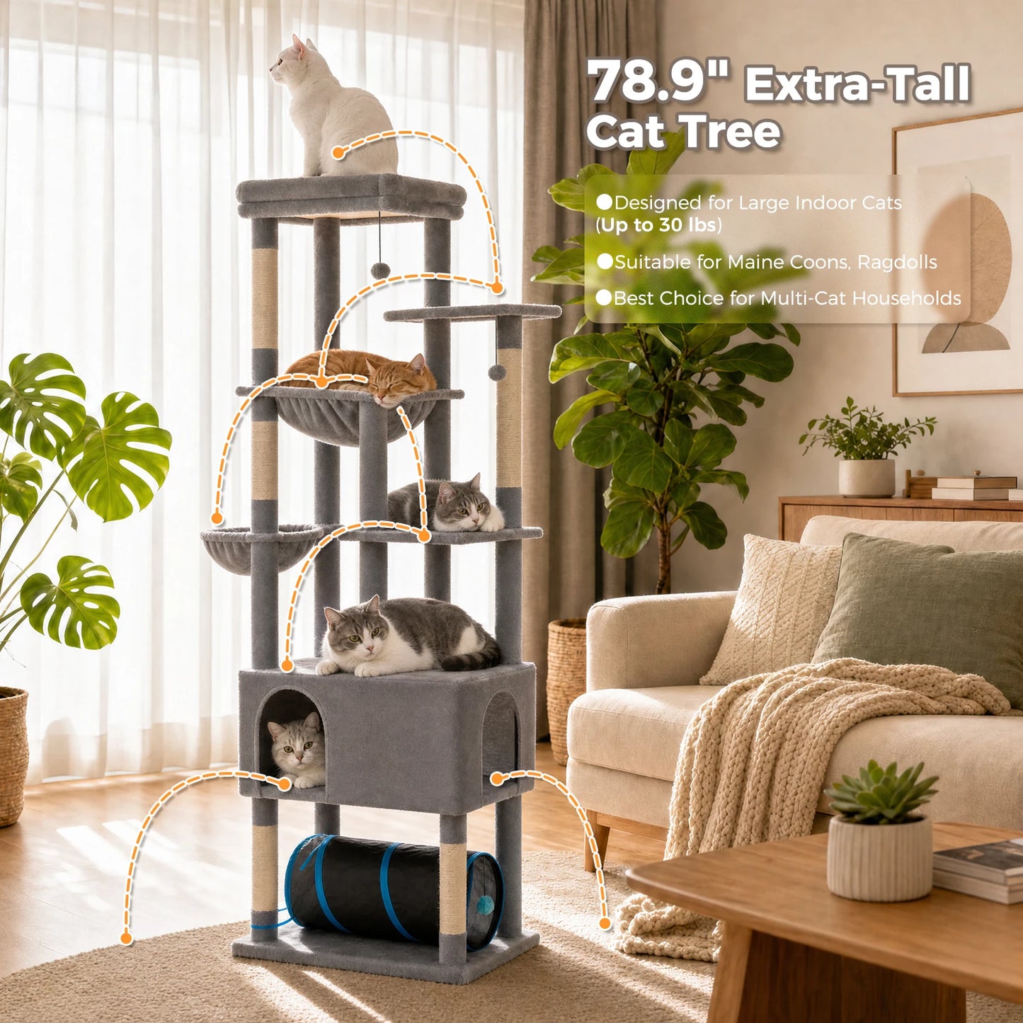 PAWZ Road Tall Cat Tree With Large Condo And Sisal Scratching Posts