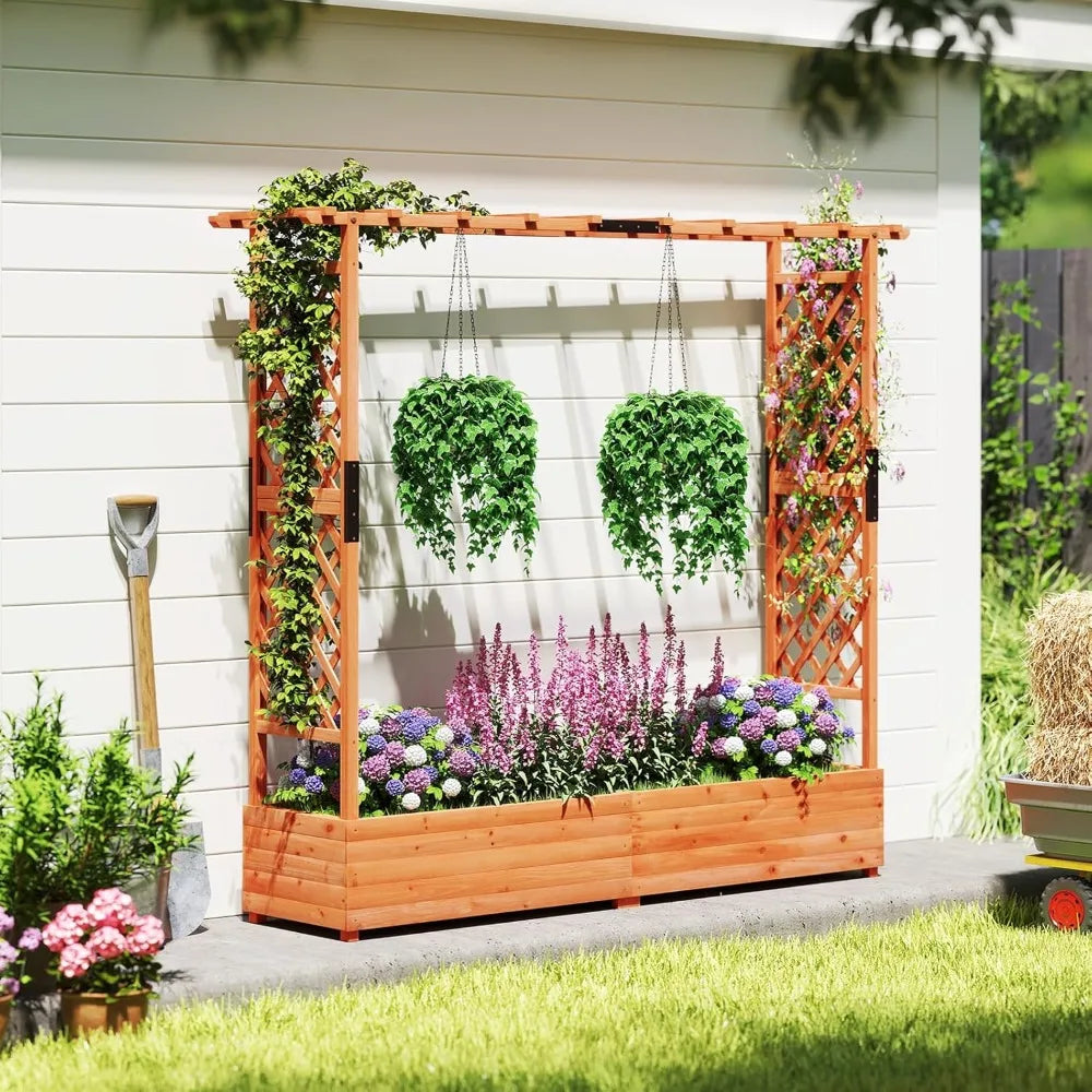 Raised Garden Bed With Trellis And Wooden Planter Box