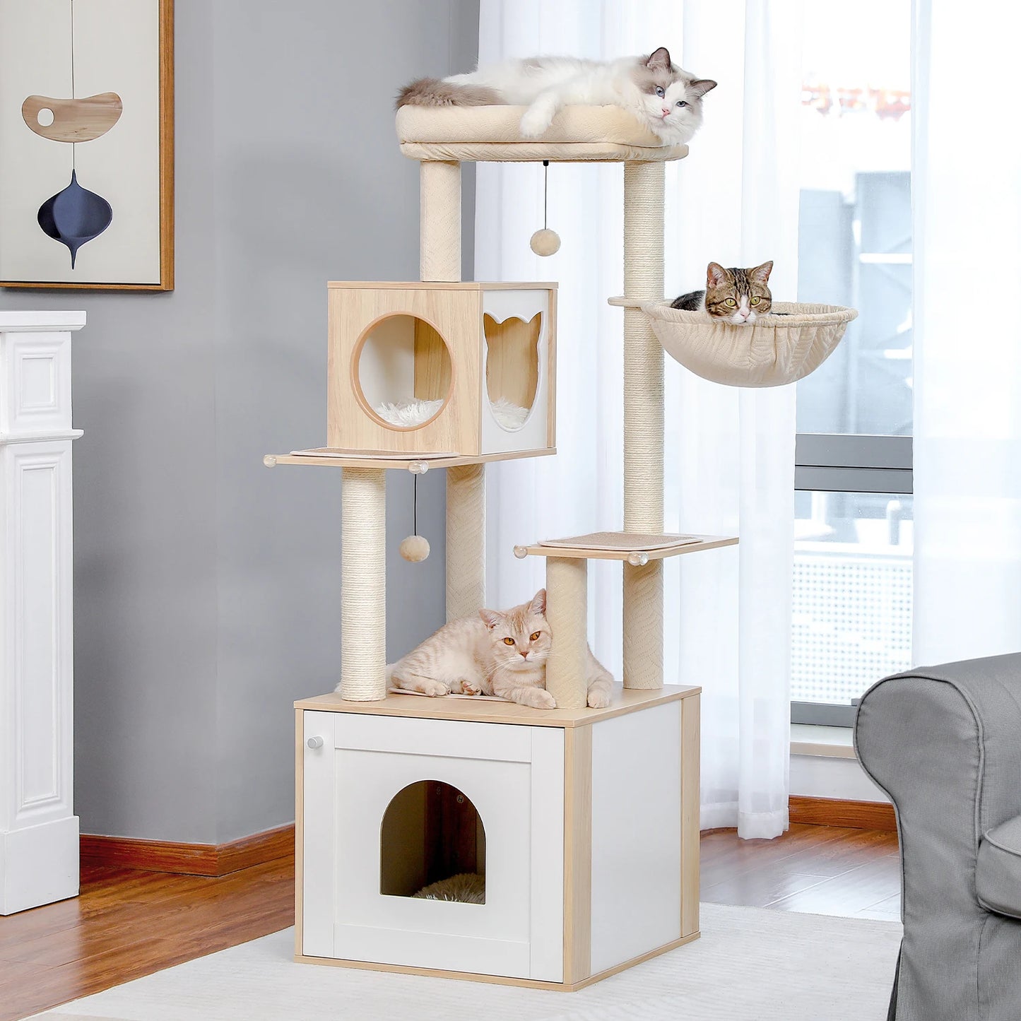 PAWZ Ro Multi Level Cat Tree Indoor Wood Tower With Scratching Posts And Cat Toys