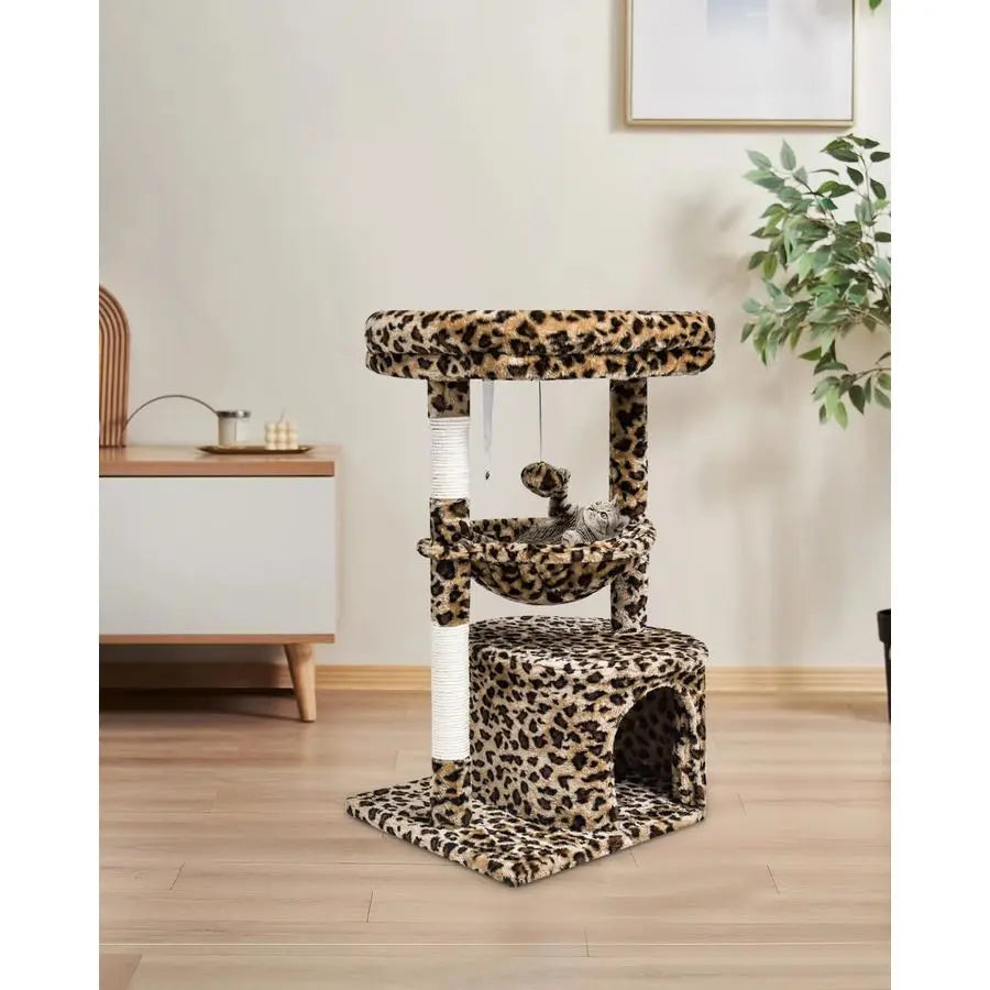 Leopard Print Cat Tree With Scratching Post For Indoor Cats