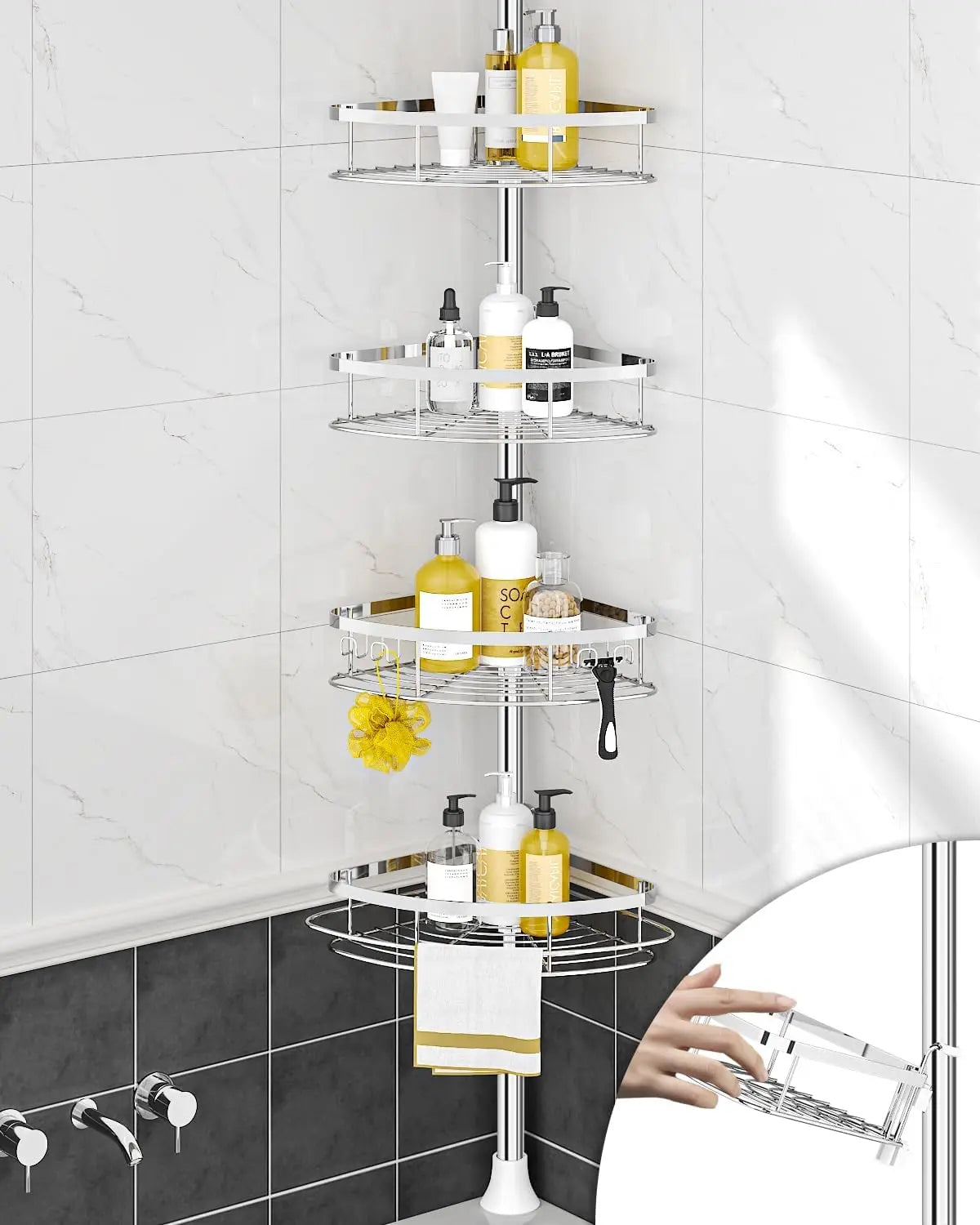 Adjustable Shower Corner Caddy With 4 Shelves And Tension Pole