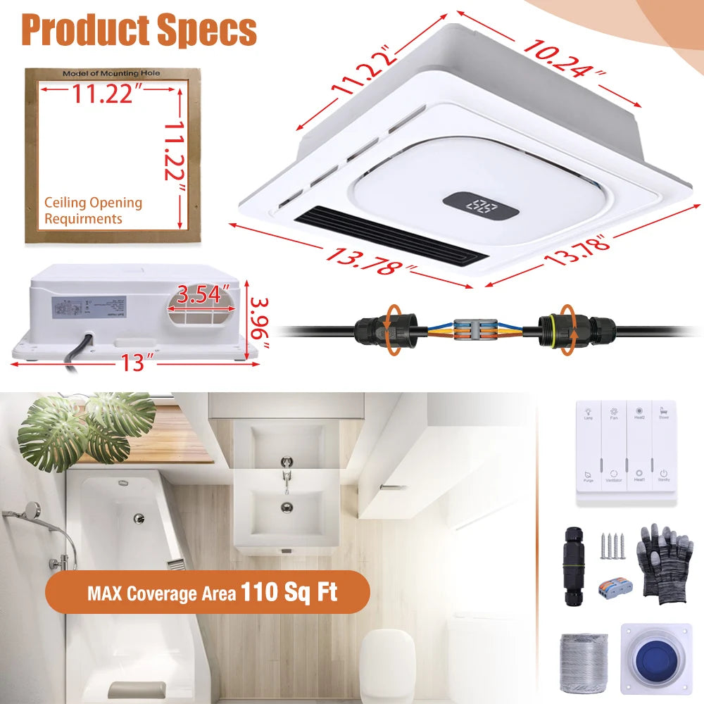 4-In-1 Bathroom Fan With Heater, Vent, Bluetooth Speaker