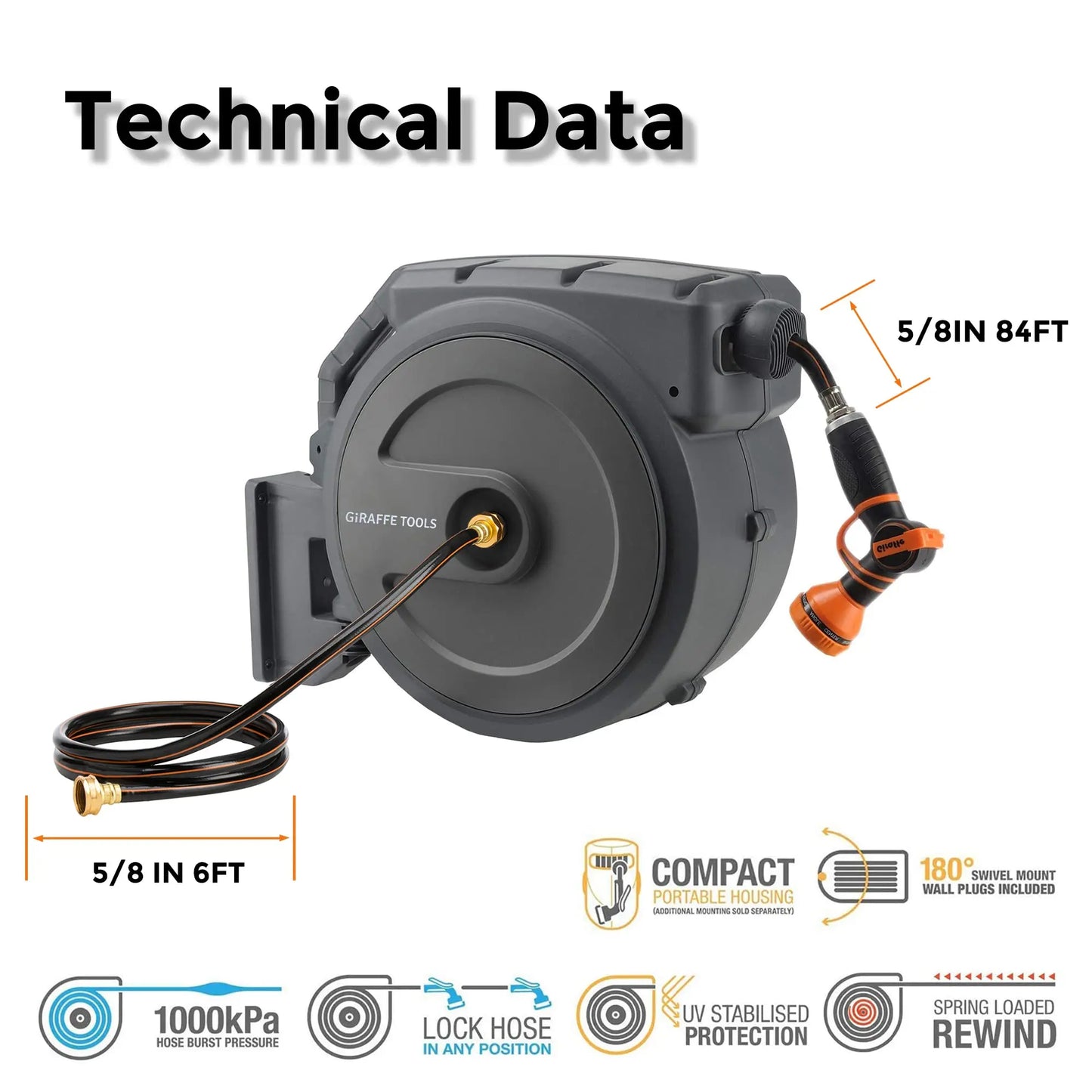 Giraffe Tools Retractable Hose Reel Automatic Rewind Wall Mounted