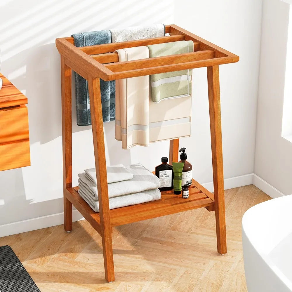 DAFIFY Freestanding Teak Towel Rack With Storage Shelf