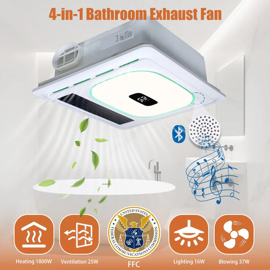 4-In-1 Bathroom Fan With Heater, Vent, Bluetooth Speaker