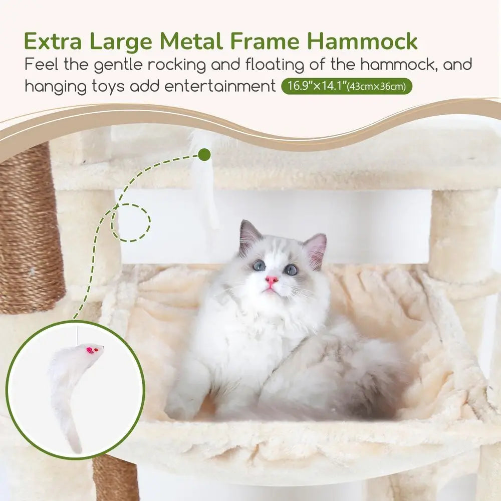 Sturdy Cat Tower With Scratching Post, Hammock And Condo
