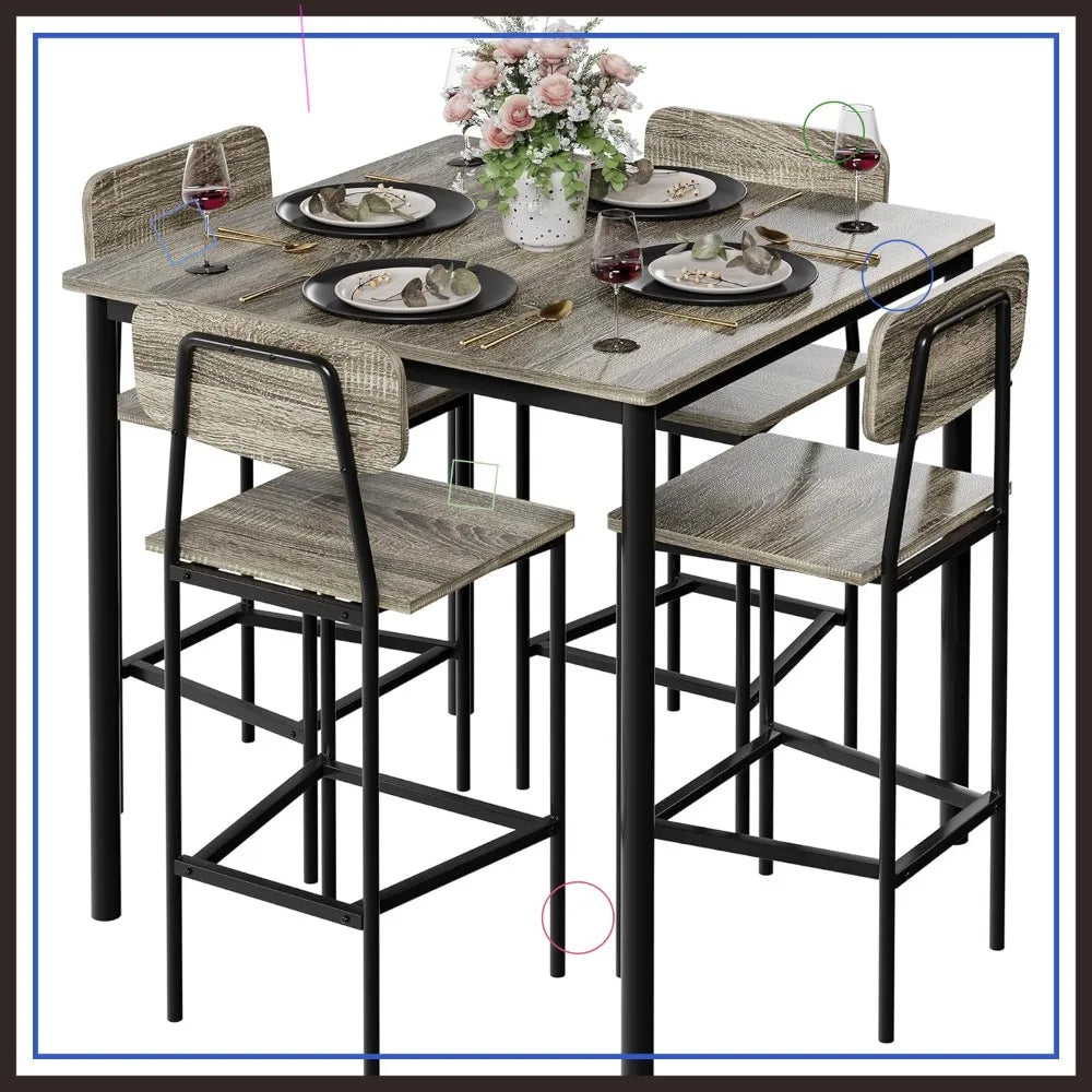 Industrial Dining Table Set With Stools In Gray Finish