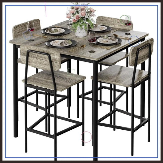 Industrial Dining Table Set With Stools In Gray Finish
