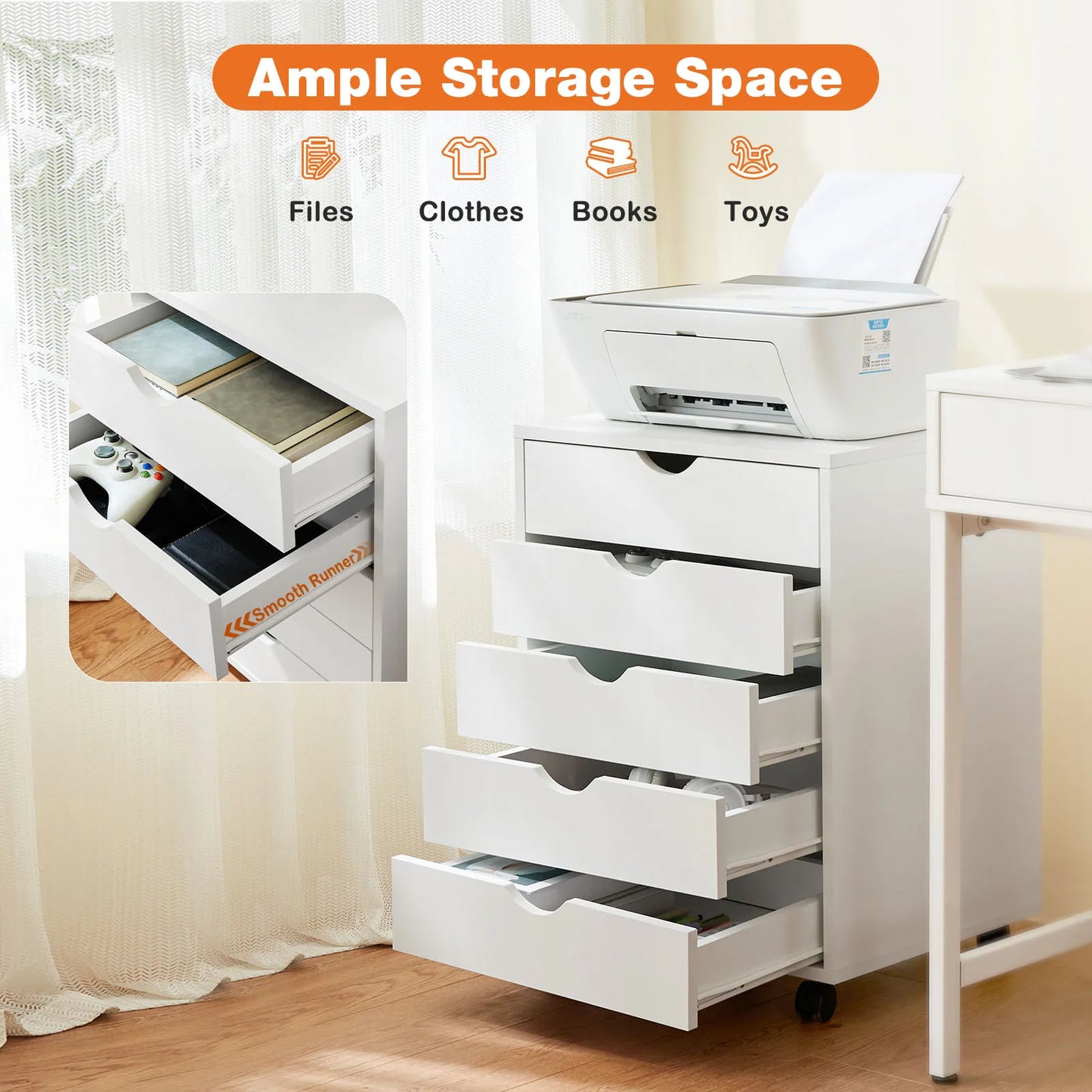 JHK Wood Nightstand 5 Drawer Storage Organizer With Rollers