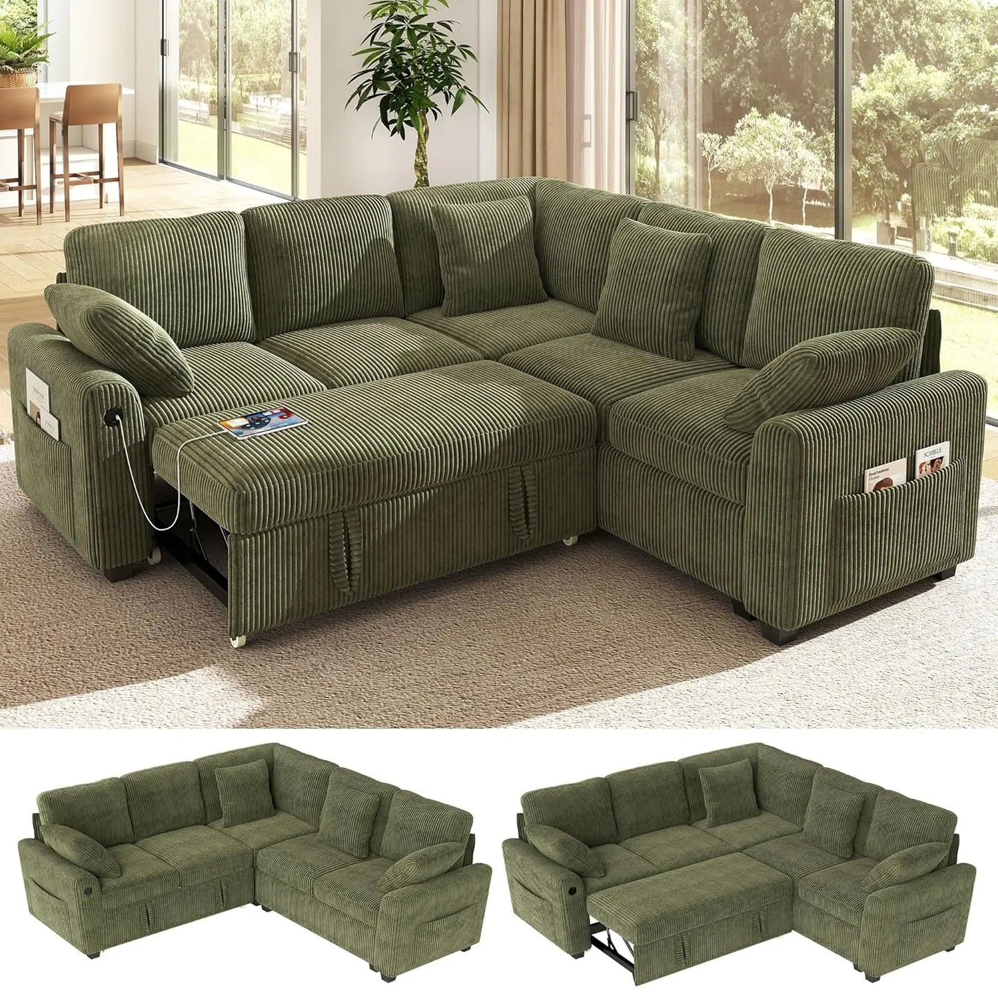 XIAOLANG L Shaped Sectional Sofa Bed With Storage And USB Ports