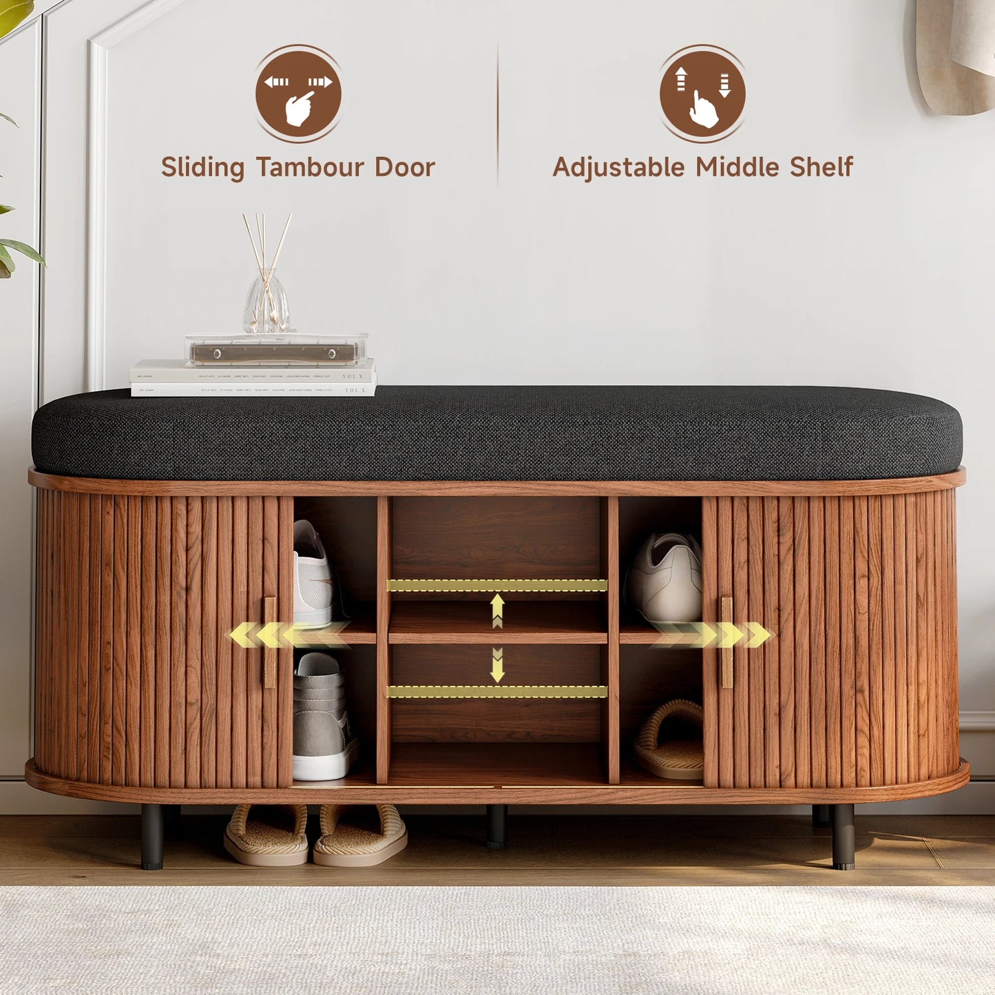 Shoe Storage Bench 3-Tier Organizer With Cushion And Sliding Door