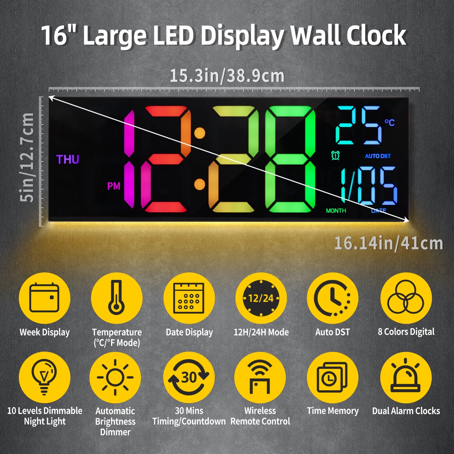 Digital Wall Clock With LED Display Remote Alarm DST Temperature