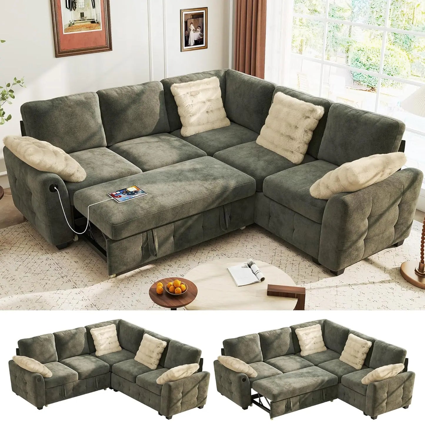 XIAOLANG L Shaped Sectional Sofa Bed With Storage And USB Ports