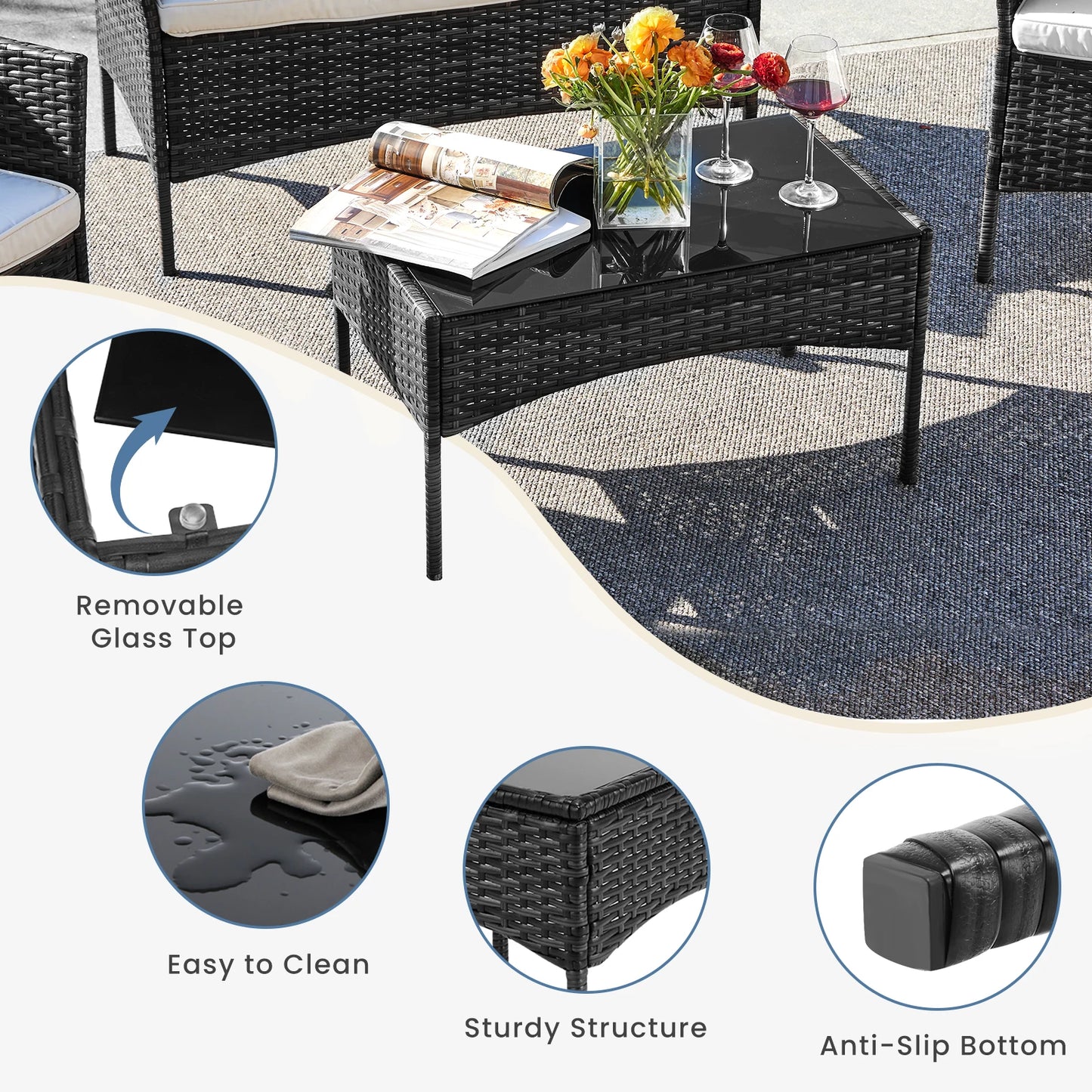 JHK Outdoor Wicker Rattan Patio Furniture Set With Glass Table