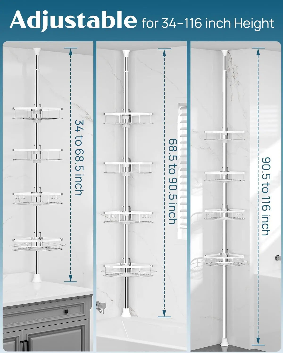 Adjustable Shower Corner Caddy With 4 Shelves And Tension Pole