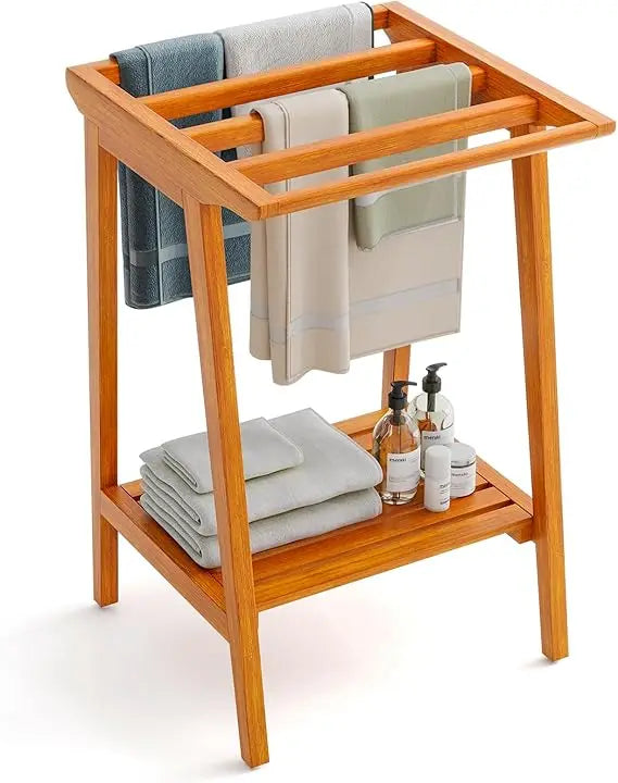 DAFIFY Freestanding Teak Towel Rack With Storage Shelf