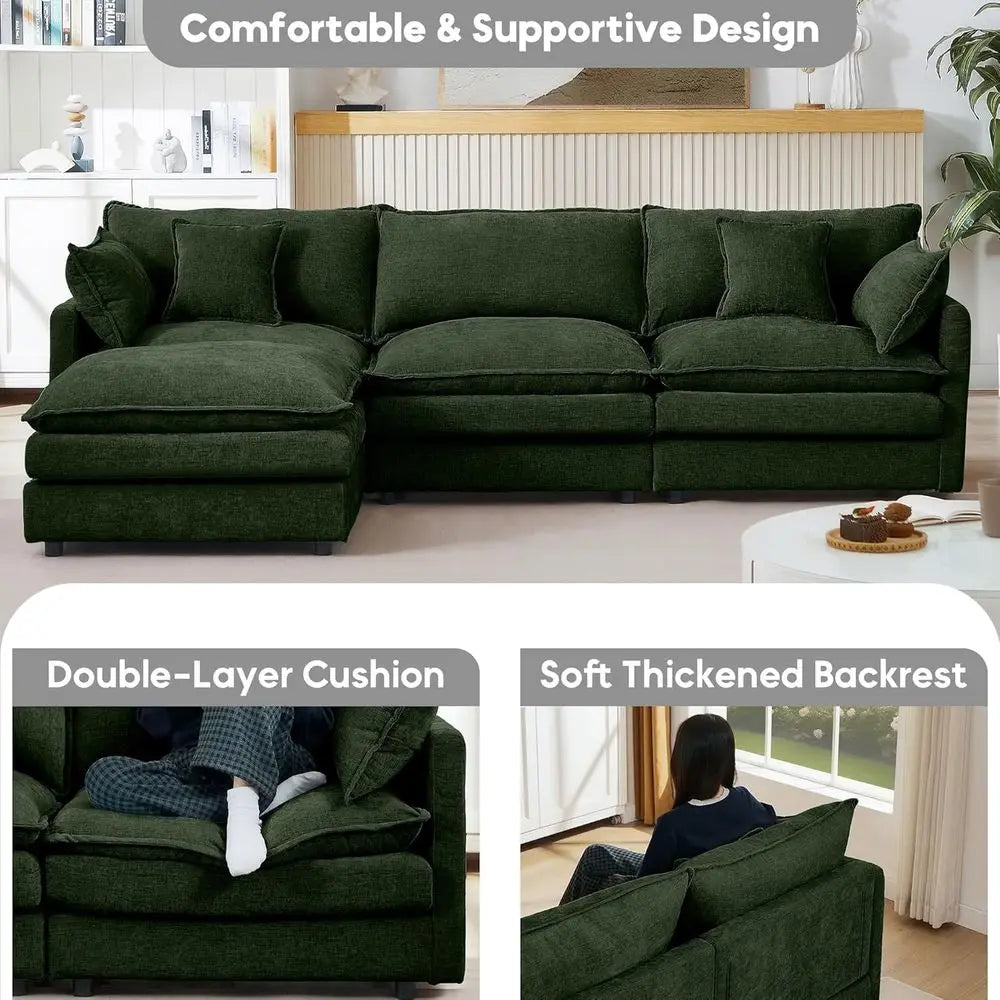 L Shaped Sectional Sofa Chenille Upholstery Ottoman