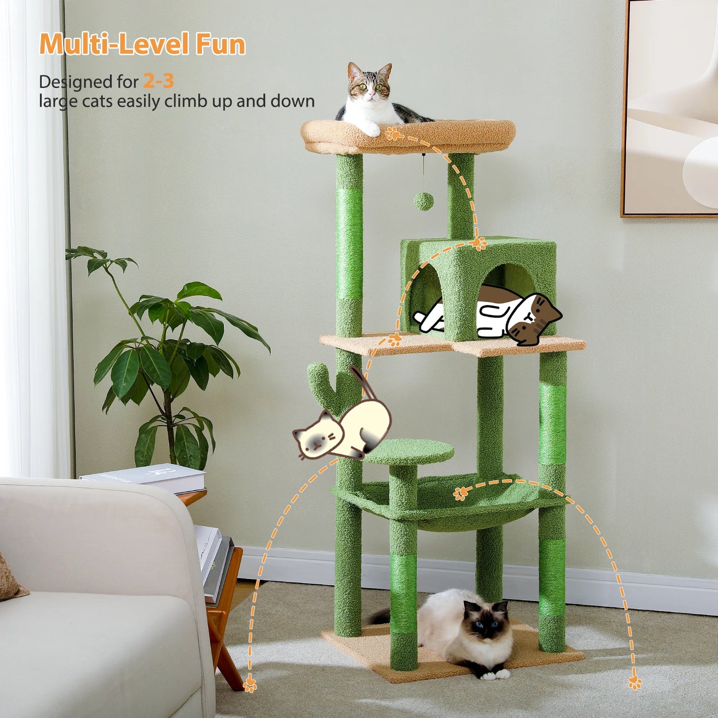 PAWZ Road Cactus Cat Tree Tower for Large Indoor Cats with Top Perch
